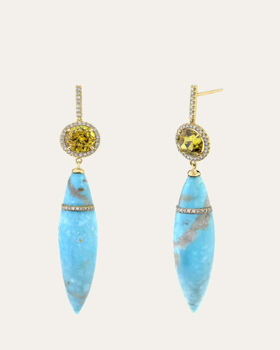 18K Yellow Gold Persian Turquoise Earrings with Andradite Garnets and Diamonds